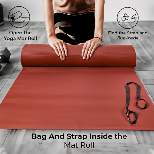 Thick Yoga Mat for Exercise & Pilates – Non Slip Yoga Mats with Strap, Extra Wide Gym Matt for Home, Lightweight & Durable...