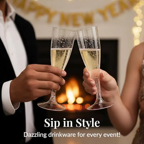 Prestee Set of 24 Clear Plastic Champagne Flutes - 4.5 oz Capacity Shatterproof Disposable Glasses - Suitable for Wedding...