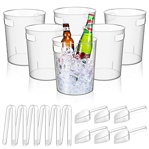 Rtteri 6 Set Plastic Ice Buckets for Parties with Handle, Scoop, Serving Tongs, Large Clear Ice Bucket Round Chiller Bever...