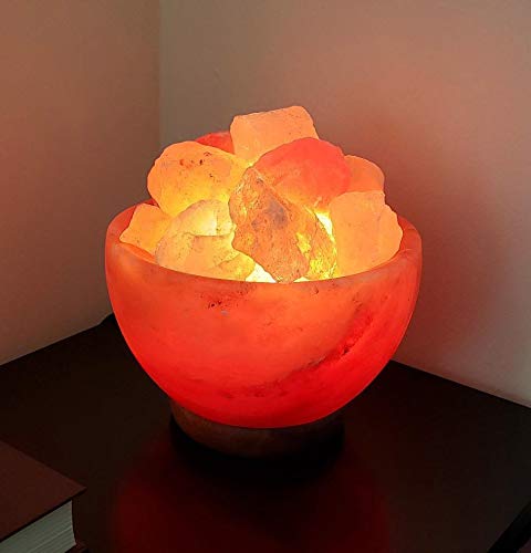 Spantik Himalayan Salt Lamp Bowl, Natural Crystal Chunks, Dimmer Cord, Wood Base, Light Orange to Pink, Model SP02
