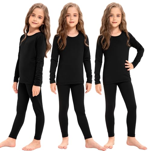 Silkfly 3 Set Girls Thermal Underwear Soft Winter Thermal Top and Bottom with Fleece Lined Base Layer for Girls