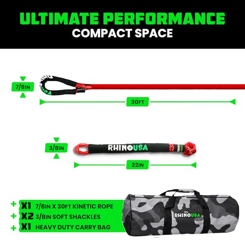 Rhino USA Kinetic Rope Recovery Kit (7/8in x 30ft) - Heavy Duty Offroad Snatch Strap - Includes 2 Soft Shackle for UTV, AT...