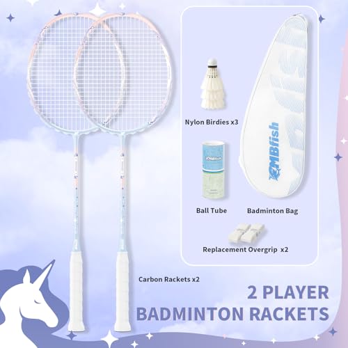 MBFISH Badminton Racket Set with 2 Carbon Fiber Rackets, 3 Shuttlecocks, 2 Replacement Racket Grip Tapes and 1 Badminton B...