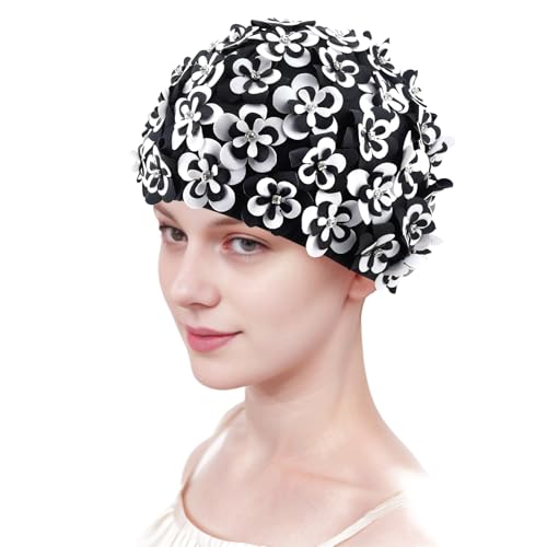 Medifier Vintage Floral Petal Swim Cap Bathing Hats for Women and Girls - Retro Elastic Swimming Turban with Flowers, Rhin...