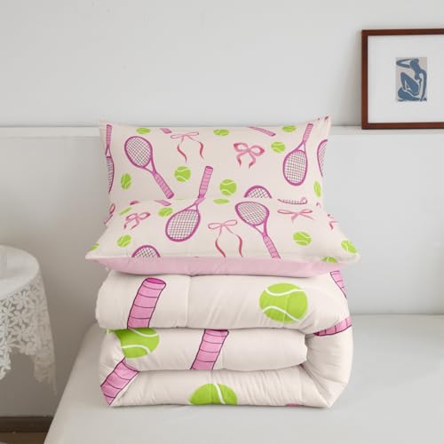 Tennis Kids Queen Comforter Sets,Girls Sport Cute Bowknot Reversible Bedding Set for Boys Teens,Outdoor Sport Ball Game Qu...