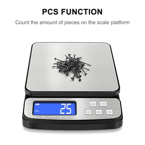 Fuzion Digital Shipping Postal Scale - 88lb x 0.1oz, Stainless Steel Platform, 5 Units, Hold/Tare/PCS Counting, Easy Calib...