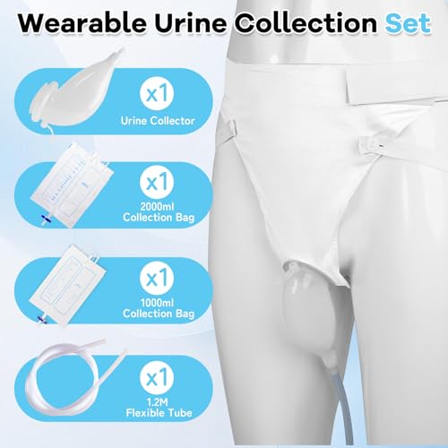 Wearable Urine Collector Set for Men with Silicone Urine Catching Cup Fixed Pants 1.2M Tube and 2 Urine Bags 1000ml Day Us...