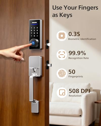 Philips Wi-Fi Smart Lock with Handle, Keyless Entry Keypad Door Lock with Handle, Front Door Deadbolt Set with Gateway, Ap...