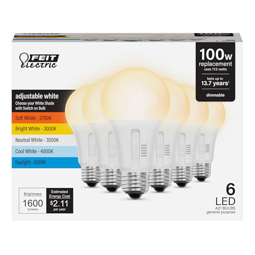 Feit Electric A21 LED Light Bulb, 100W Replacement, Dimmable, Selectable Color Temperatures (2700K-5000K), 1600 Lumens, Ge...