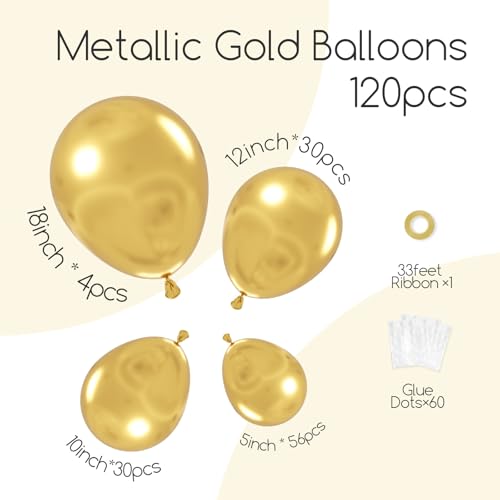 Awenztech 120pcs Metallic Gold Balloon Arch Kit, 18 12 10 5 inch Chrome Gold Latex Balloons Different Sizes Metallic Gold ...