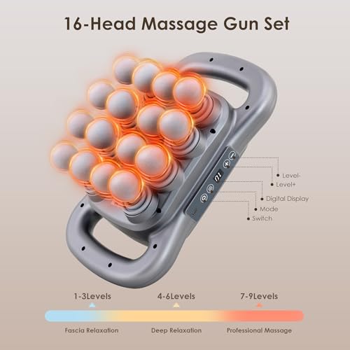 GAXEZO 16 Head Massage Gun Set, Deep Tissue Percussion Massager, 2600mAh Electric Massage Tools with 9 Styles & Levels, Da...
