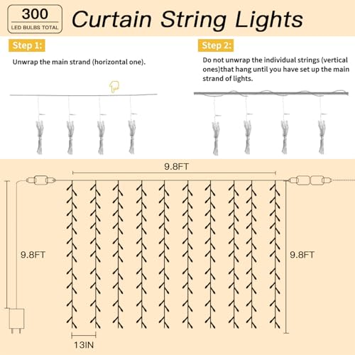 Soagrc 300 LED Curtain String Lights 9.8FT Plug in Fairy Lights with Timer and 8 Modes, Waterproof Window Wall Lights for ...