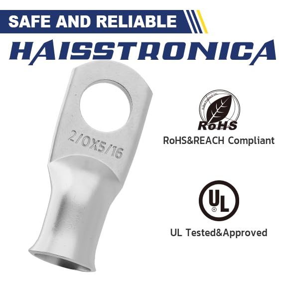 haisstronica 10pcs 2/0 AWG - 5/16"(M8) Tinned Copper Battery Lugs