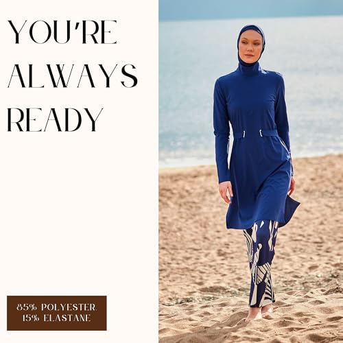 Islamic Full-Length Modest Swimsuit for Muslim Women | 4 PCS Burkini Set Top Pants Cap Bustier | Long Sleeve Rash Guard