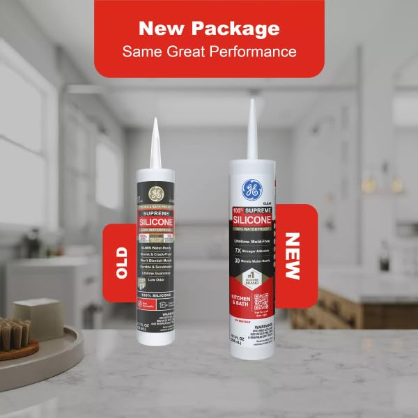 GE Supreme Silicone Caulk for Kitchen & Bathroom, Clear, 10 fl oz Cartridge, 1 Pack - 100% Waterproof Silicone Sealant, 7X Stronger Adhesion, Shrink & Crack Proof