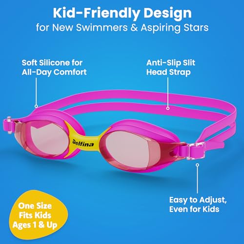 Delfina Toddler Swimming Goggles – 2 to 7 Years Old Kids Swim Goggles - Comfortable No Leak Anti-Fog Kids Goggle for Swimming