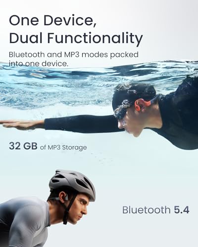 SHOKZ OpenSwim Pro - Open-Ear Bluetooth & MP3 Bone Conduction Sport Headphones, Swimming Headphones, IP68 Waterproof, Red