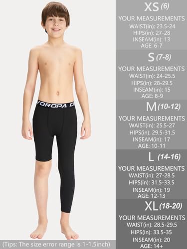 DEVOROPA Youth Boys One Leg Compression Pants for Basketball 3/4 Leggings Sports Tights Kids Athletic Soccer Base Layer