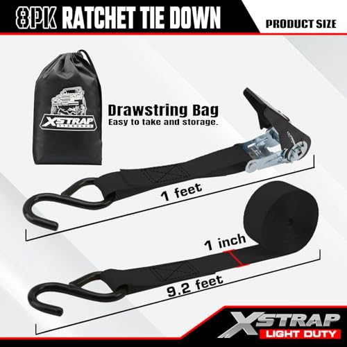 XSTRAP STANDARD Ratchet Tie Down Straps 8PK 1'' x 10 ft - 900 LB Break Strength Cargo Straps for Moving Appliances, Lawn E...