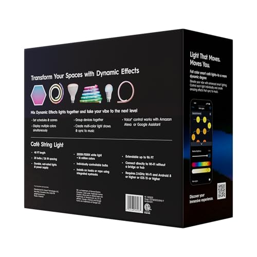 Cync GE Dynamic Effects Smart Cafe Lights, Color Changing Patio String Lights, Compatible with Alexa and Google, 48ft
