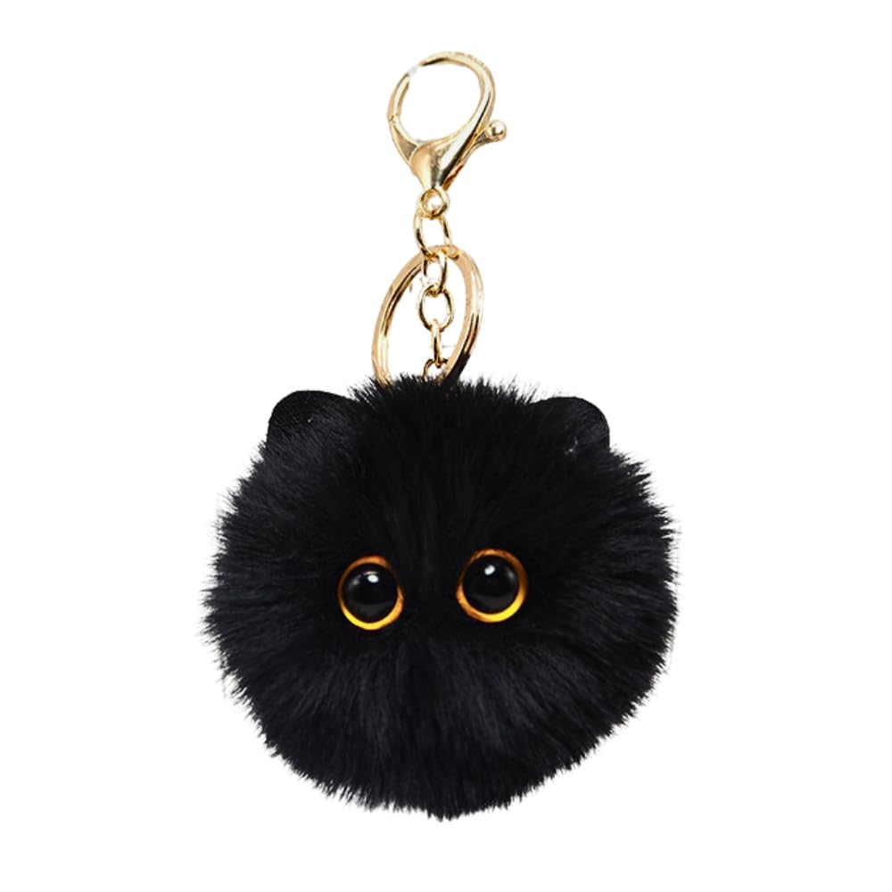 Cute Cat Pom Pom Keychain Cat Fluffy Plush Charm Keyring for Bag Purse Car Backpack Accessories-Black