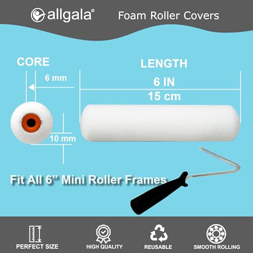 Allgala Foam Rollers, 6 Pack 6 inch Shedless Mini Foam Sponge Paint Roller Cover for Trim Wall Funiture Doors Cupboard Cab...