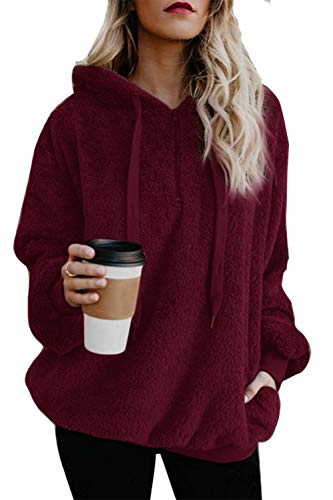 ReachMe Womens Oversized Sherpa Pullover Hoodie with Pockets Fuzzy Fleece Sweatshirt Plaid Fluffy Jacket Coat