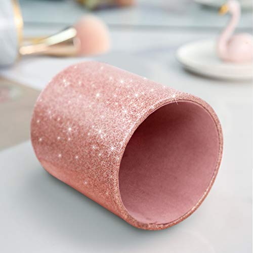 WAVEYU Pen Holder for Desk, Pencil Cup Pink Glitter Bling for Women Girls, Luxury Makeup Brush Holder Large Pu Leather Mul...