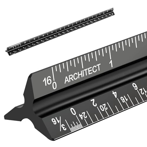 Architectural Scale Ruler, Imperial Measurements 12'', Laser-Etched Aluminum Architect Triangular Ruler Black for Architec...