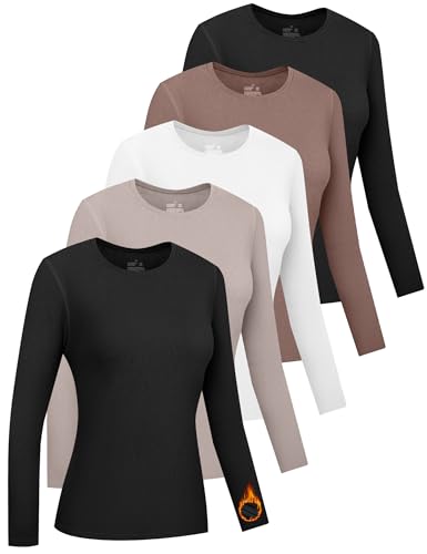 HOPLYNN 5 Pack Womens Long Sleeve Thermal Shirts Crew Neck Double Sided Fleece Lined Baselayer Tops for Cold Weather