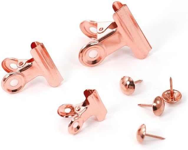 32 Pack Bulldog Clips with Push-pins for Corkboard,Metal Clips for Crafts, Metal Binder Clips for Pictures, Spring Paper Clamps for Office Documents (Rose Gold,0.85inch)
