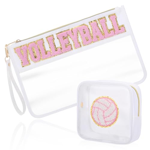 Sunnymove 2 Pcs Pink Volleyball Cosmetic Bag Gifts Sport Cheer Makeup Bags Clear PVC Waterproof Toiletry Zipper Travel Pou...