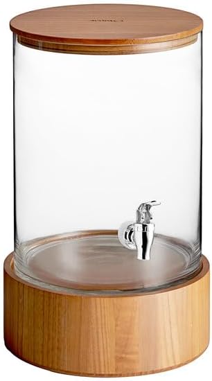 Glass Beverage Dispenser with Wood Lid and Base, 3 Gallon, Crystal Clear, Round, Slim Design, 16.3 Inch Height