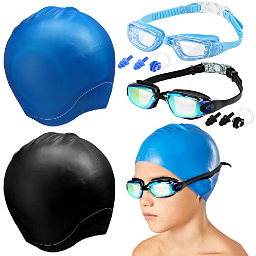 4 Pack Swim Caps for Kids Swimming Cap and Goggles for Boys Girls Silicone Swim Bath Hats with Ear Plugs Nose Clip for Sho...