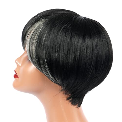 ToyoTress Short Pixie Cut Wigs - 4 Inch Black With White Bangs Short Layered Wig For Black Women, Light Yaki Straight Daily Cost