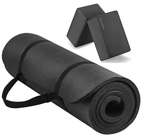 Fitvids All Purpose 1/2-Inch Extra Thick High Density Anti-Tear Exercise Yoga Mat with Carrying Strap and Yoga Blocks, Mul...