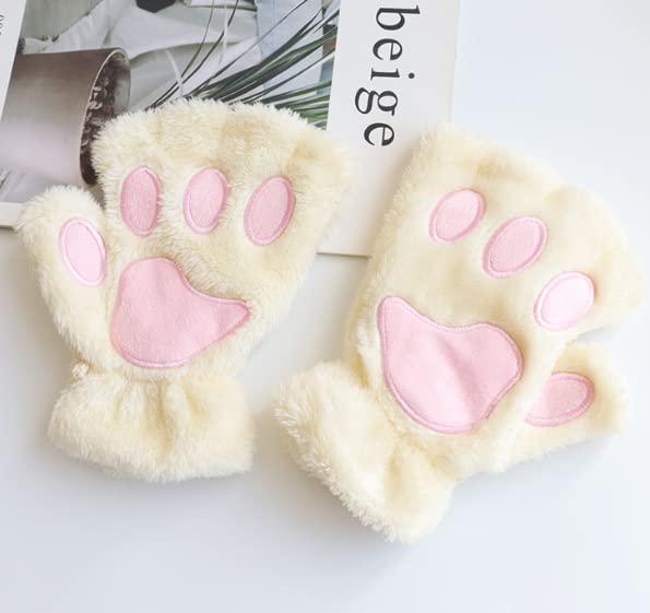 Furry Cat Paw Gloves Winter Fluffy Plush Fingerless Mittens for Women & Teen Girls Cute Cartoon Kawaii Accessories (White,One Size)