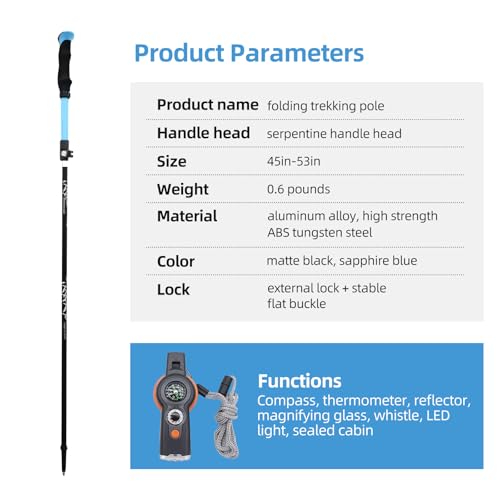 Folding Trekking Poles with an Outdoor Compass, Adjustable Rod Length，Lightweight & Foldable Walking Sticks for City Stree...