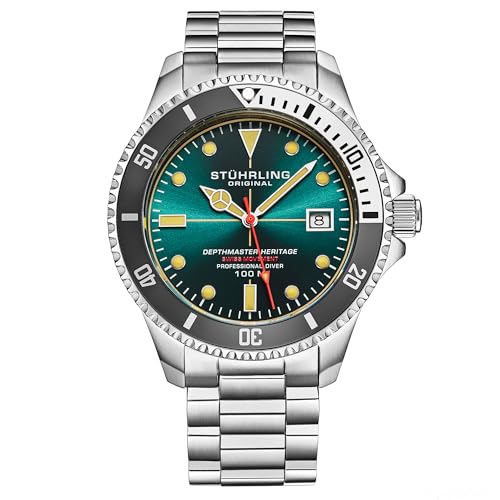 Stuhrling Depthmaster Heritage Diver Swiss Quartz Watch, 42mm, Teal Dial, Stainless Steel, 100M Water Resistant