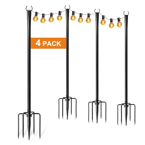 4 Pack String Light Poles for Outside, Thickened Metal Christmas Lights Hanger Pole Outdoor with Fork, Lighting Hanging Po...
