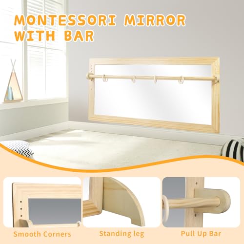 LAKNUAL Montessori Mirror with Bar, Adjustable Wood Baby Pull Up Bar, Floor & Wall Shatterproof Safety Infant Coordination...