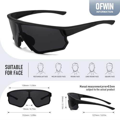 Ofwin Polarized Sports Sunglasses for Men Women UV Protection Cycling Bike Running Wrap Around Sun Glasses