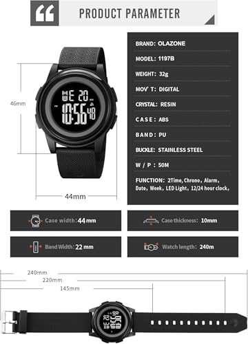 OLAZONE Digital Watches Men Ultra-Thin Minimalist Sports Waterproof with Wide-Angle Display Rubber Strap Wrist Watch for Men