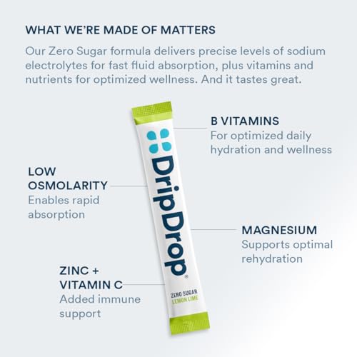 DripDrop Sugar Free Hydration Packets - Zero Lemon Lime - Single Serve Electrolytes Powder Drink Mix - Non-GMO, Gluten Fre...