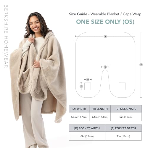 Berkshire Faux Fur Wearable Blanket, Cozy Reversible Loftmink Fleece Shawl with Hood & Side Pockets