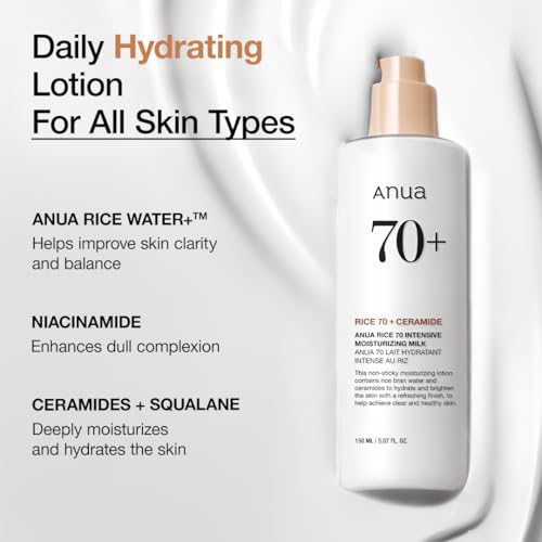 ANUA Rice 70 Intensive Moisturizing Milk, Hydrating Face Lotion, Niacinamide, Ceramides, All Skin Types, Sensitive, Skin M...
