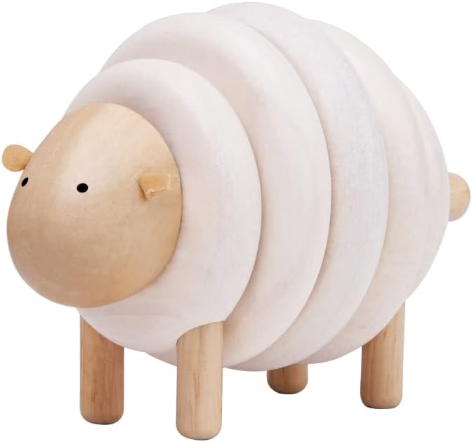 PlanToys Lacing Sheep Wooden Toddler Toys for Color Sequencing with Colored Beads and Matching Different Sized Rings - Lace Together to Build the Sheep