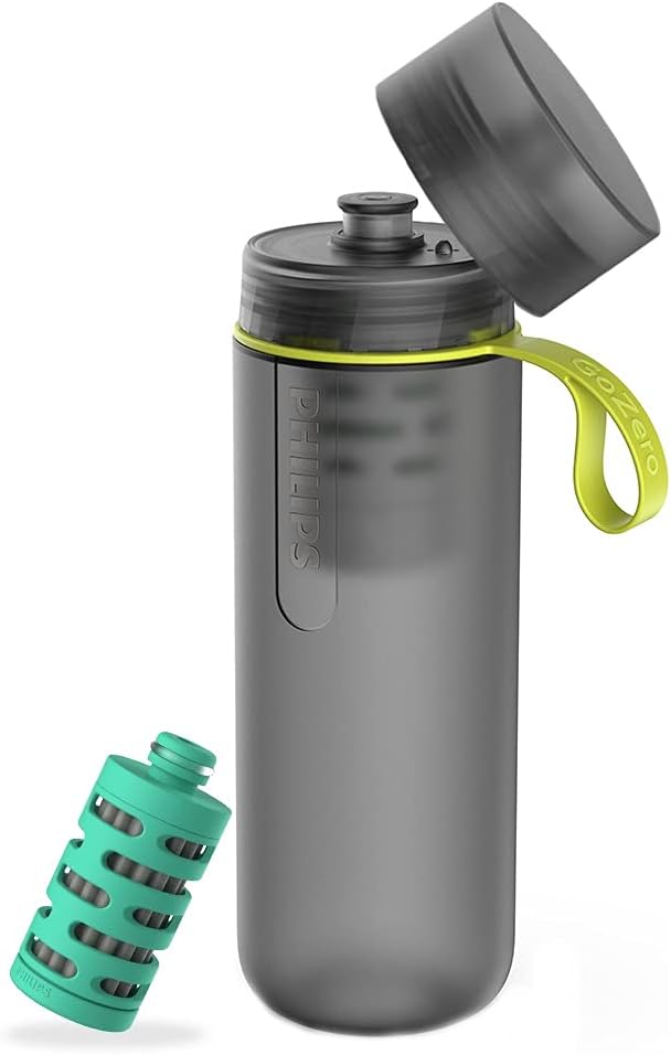 PHILIPS Water GoZero Active BPA-Free Water Bottle with River/Lake/Spring Water Filter for Hiking Camping, Sport Squeeze Water Bottle, Lightweight, Blue, 20 oz with Adventure Filter, Grey