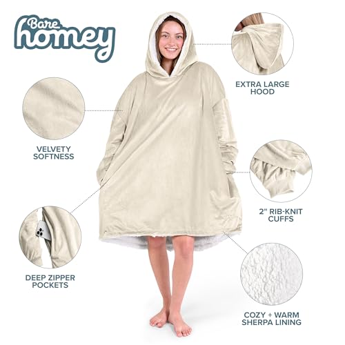 Bare Home Wearable Blanket Hoodie - Soft Plush Sherpa - Warm and Cozy - Oversized Wearable Blanket - Adult & Kid Sizes
