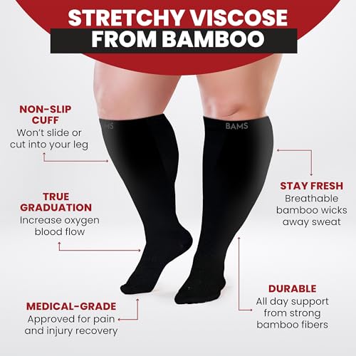 BAMS Plus Size Compression Socks Wide Calf XL XXL XXXL – Graduated Knee-High Support, Viscose from Bamboo Easy-On/Easy-Off